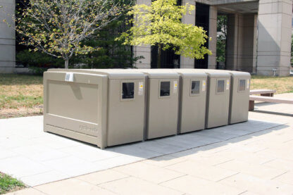 Fiberglass composite bike lockers with high security T-handle locks, polycarbonate windows and electronic access.