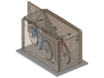 ProPark Bike Locker with two doors, partition, and two bikes, showing structural panels