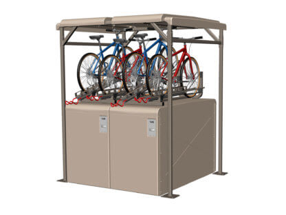 Bike Station with 2 EcoPark Bike Lockers and a Covered High-Density Bike Rack, for a total of 8 Bike Capacity