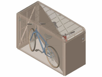 EcoPark Bike Locker with two doors, partition, and two bikes, showing structural panels