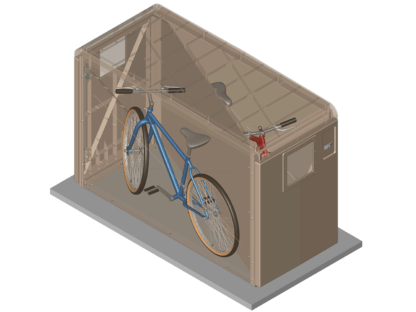 EcoPark Door-View Bike Locker with two doors, partition, and two bikes, showing structural panels