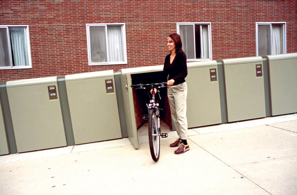 Secure, Class I long-term parking bike locker on college campus