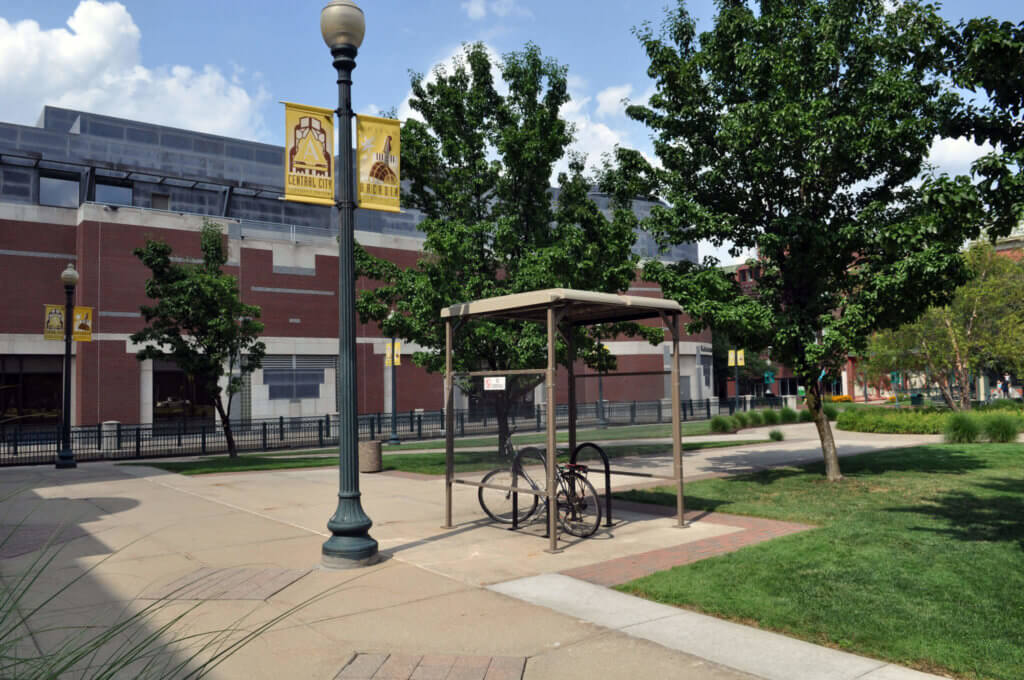 Bike shelters offer secure bike parking at corporate facilities.