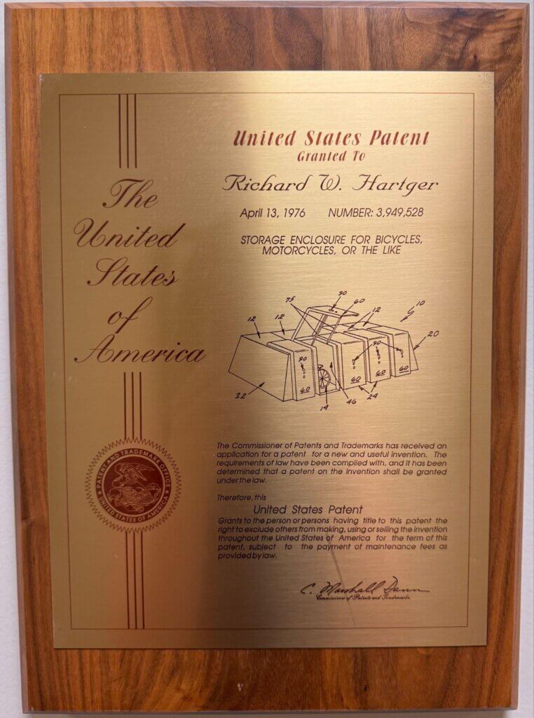 United States patent awarded to Richard Hartger & CycleSafe; April 13, 1976.