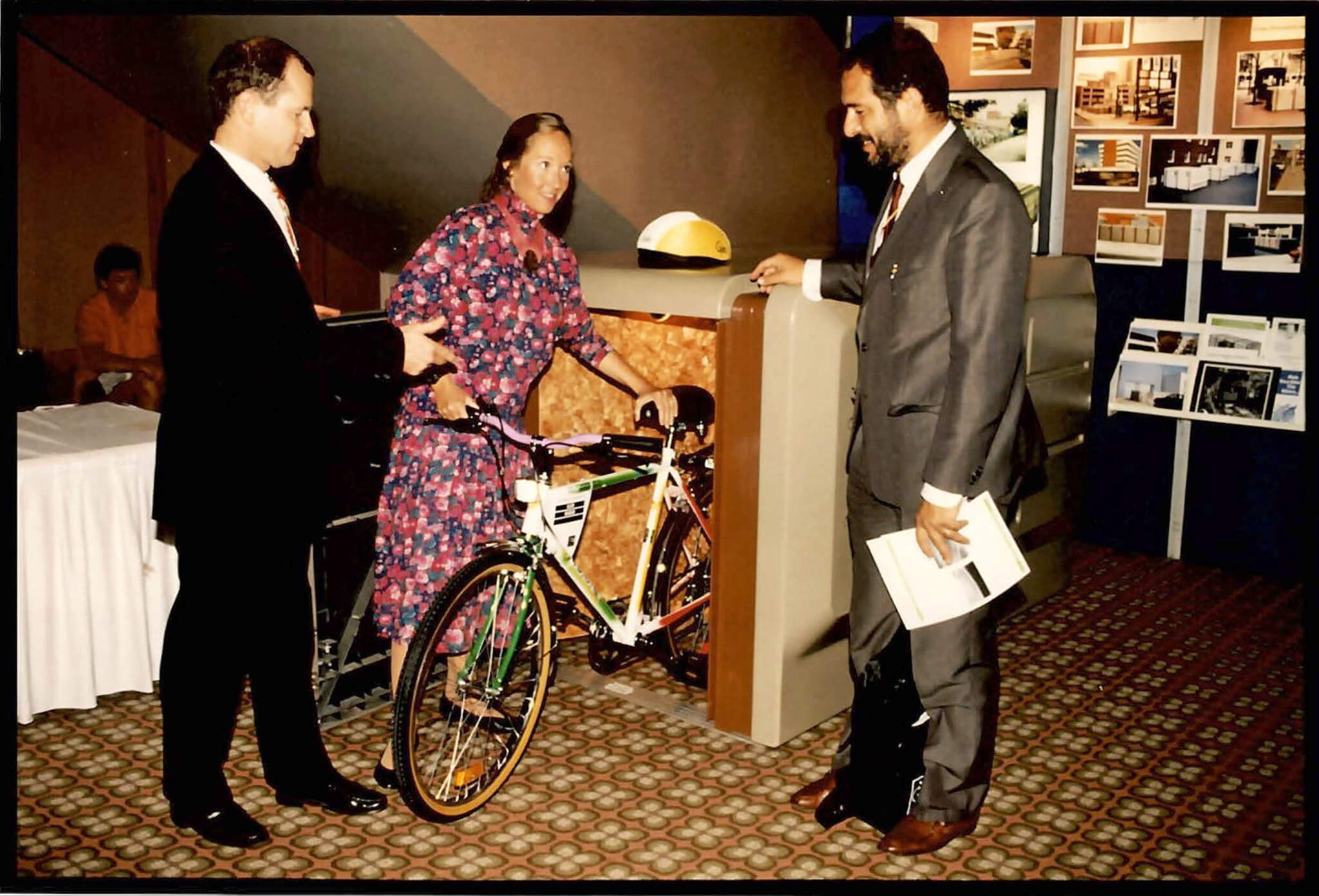 Demonstrating a CycleSafe bike locker, 1992