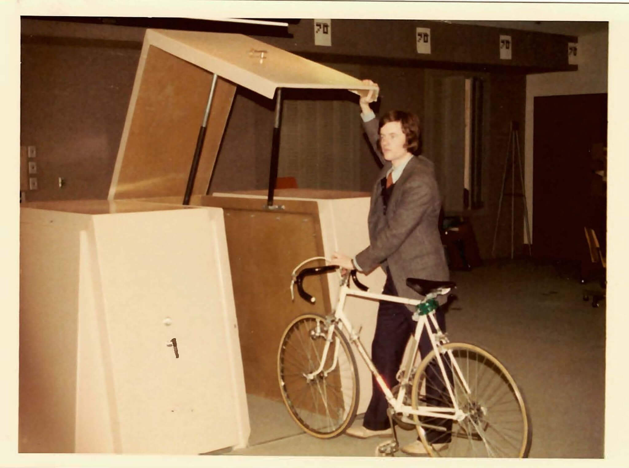 The first bike locker design being pitched at American Seating, 1976