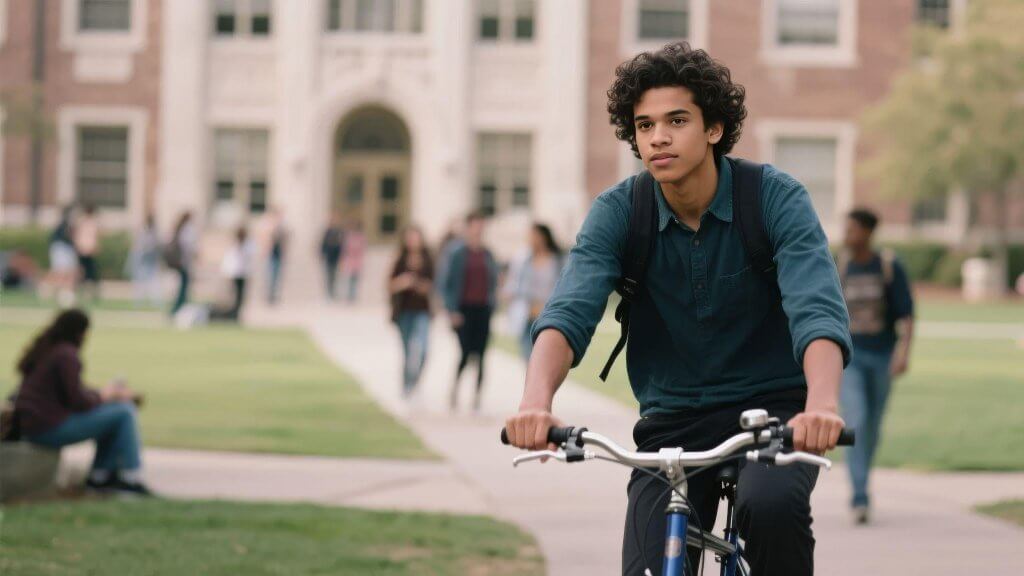 College student riding a bike through campus with other students walking in the background near an academic building.