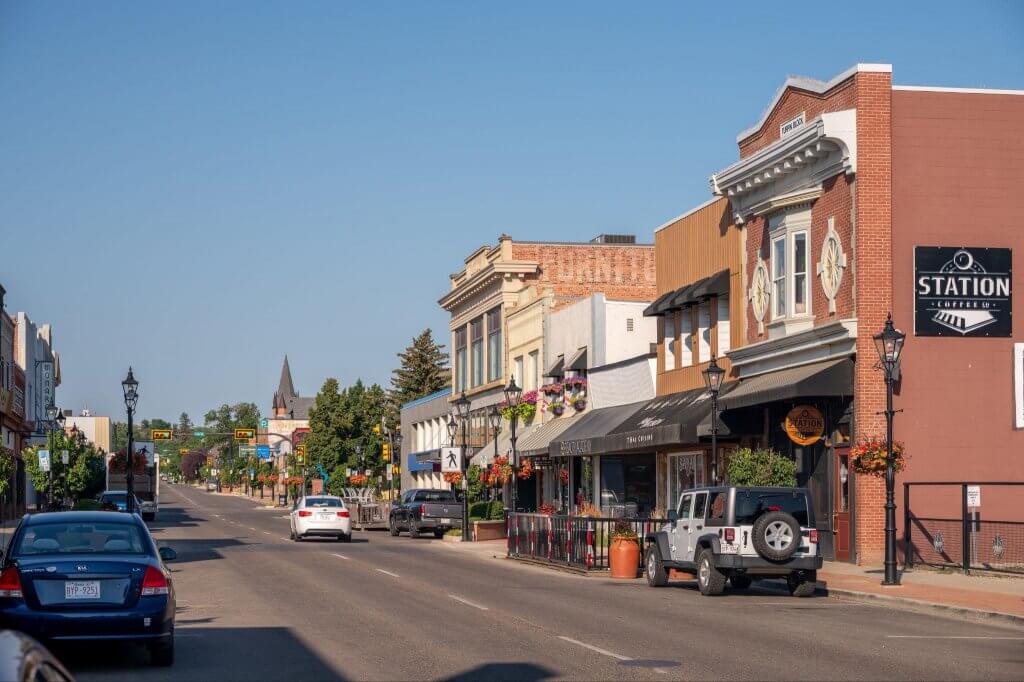 Downtown Medicine Hat, Alberta, with shops, pedestrian infrastructure, and streetscape improvements that support active transportation.