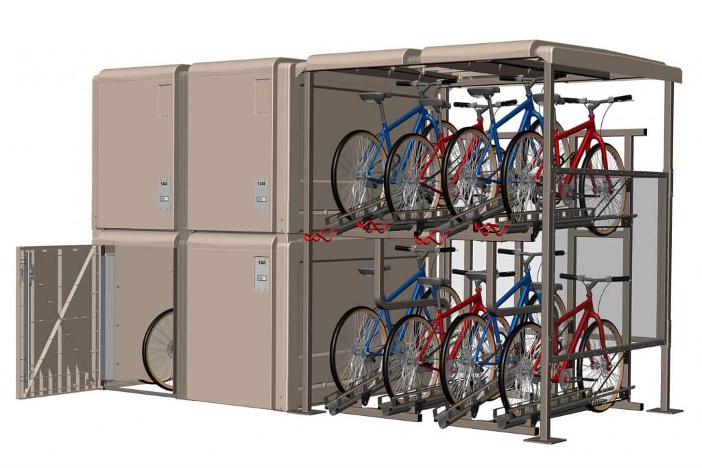 CyclePort™ modular bicycle shelter system can be combined with CycleSafe ProPark® series bike lockers and single or multi-tier bike racks to create high-density options for parking duration and security.