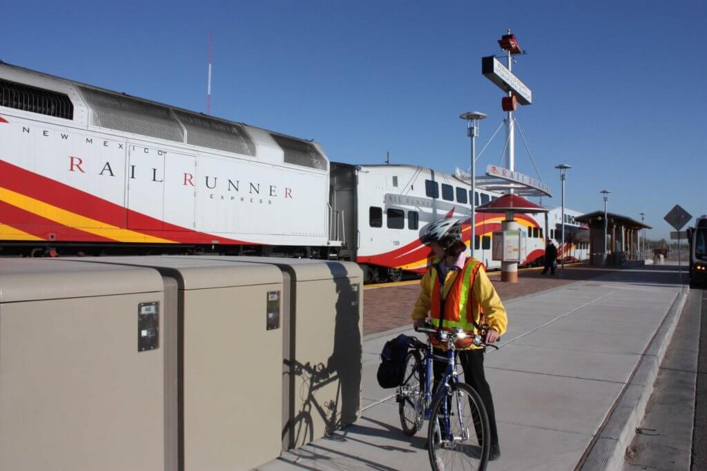 CycleSafe ProPark® series bike locker bank at New Mexico mobility hub for Rail Runner Light rail, municipal bus service, and bike and car parking