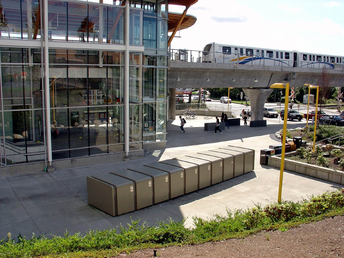 CycleSafe ProPark® bike lockers, bike racks, short-term parking, and rail service at a Vancouver SkyTrain transit hub