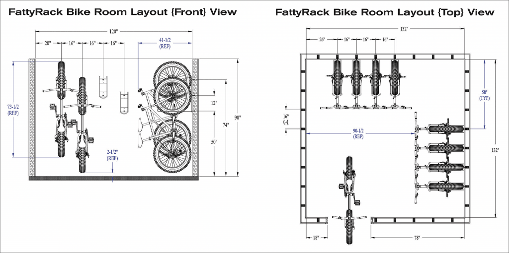 FattyRack™ Bike Room Layout Front and Top Views