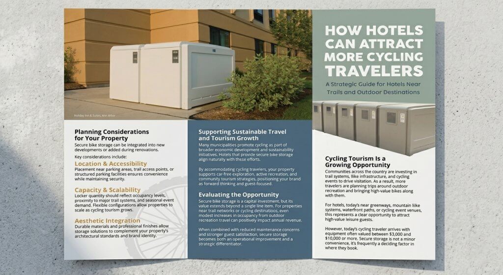 Brochure layout explaining how hotels can attract cycling travelers through strategic planning and sustainable travel support. Sections include planning considerations, location and accessibility, capacity and scalability, sustainable travel support, opportunity evaluation, and cycling tourism benefits, with images of bike storage lockers.
