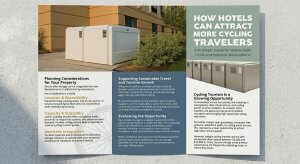 Brochure layout explaining how hotels can attract cycling travelers through strategic planning and sustainable travel support. Sections include planning considerations, location and accessibility, capacity and scalability, sustainable travel support, opportunity evaluation, and cycling tourism benefits, with images of bike storage lockers.