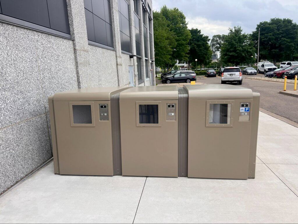 Three View-thru ProPark® Bike Lockers. 6 doors, 6 bikes stored