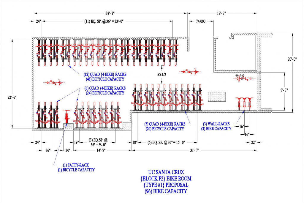 96-capacity bike room layout with WallRacks, QuadRacks, and FattyRacks for UC Santa Cruz