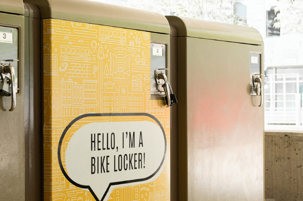 ProPark Bike Lockers with a vinyl graphic on the University of Iowa campus